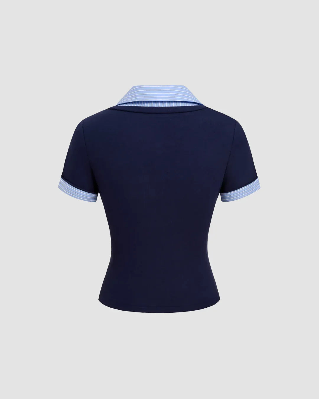 Contrast Collar V-Neck Knit Fitted Top in Navy Blue