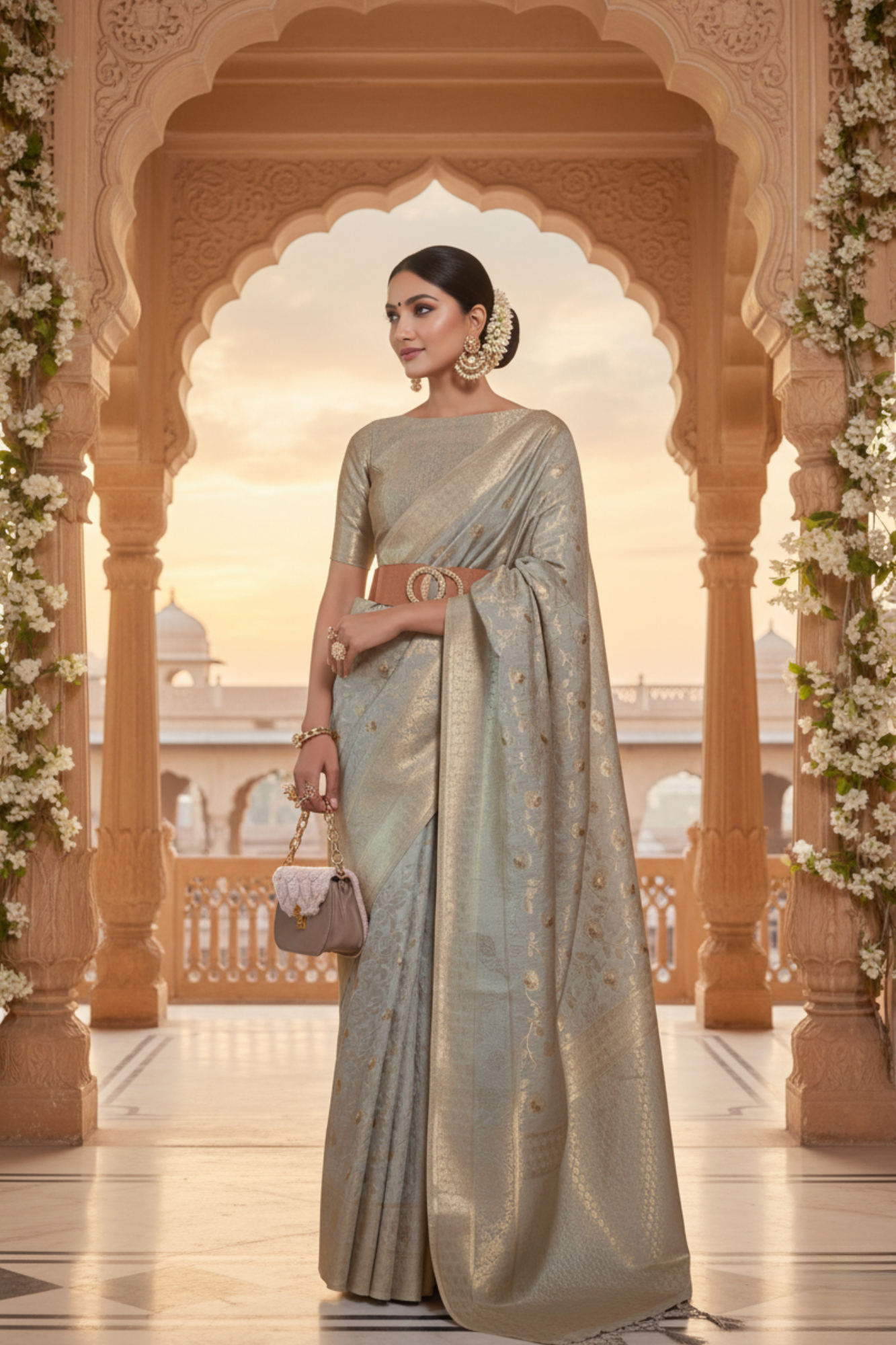 Dusty Grey Zari Woven Banarasi Silk Saree