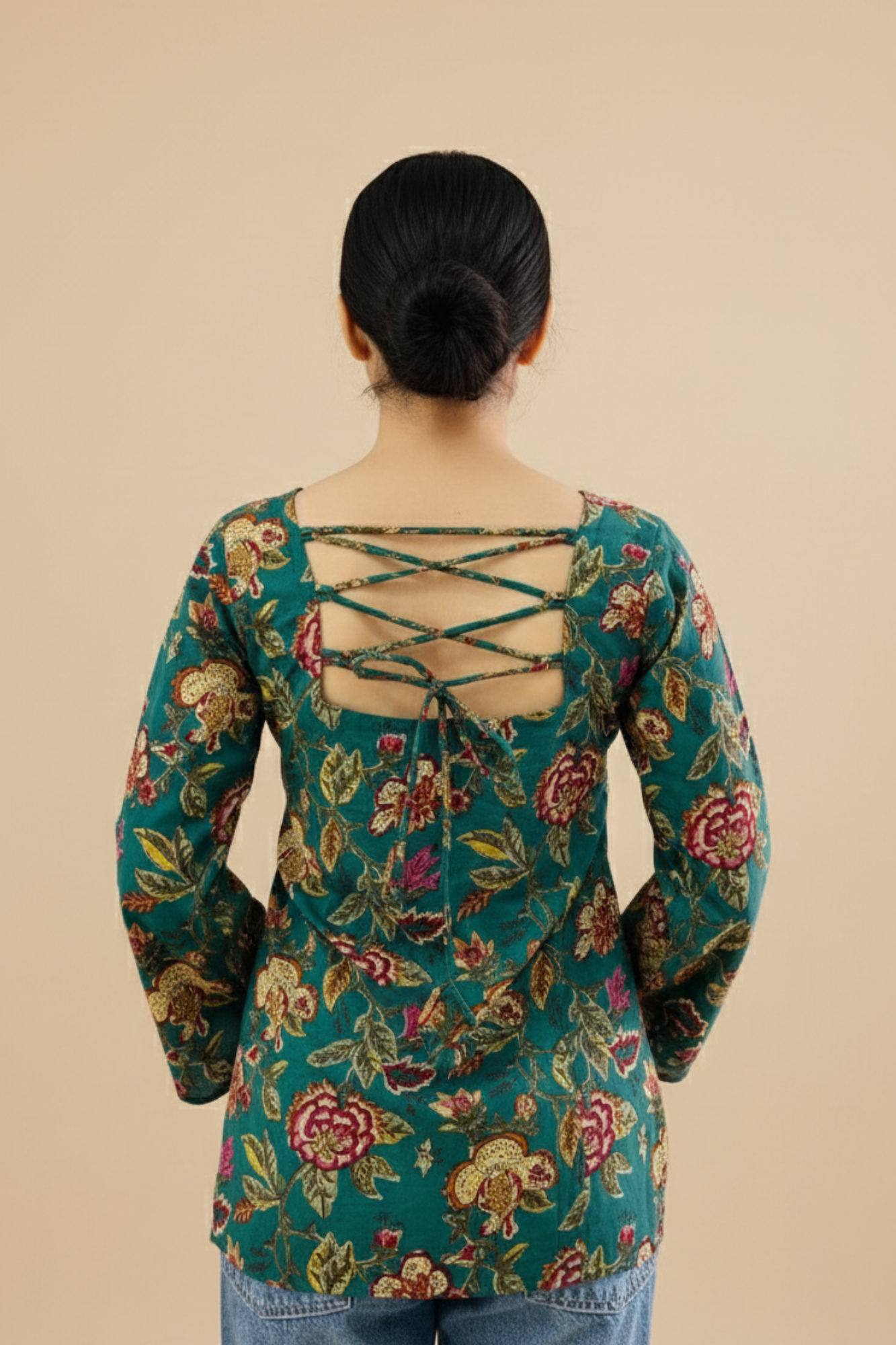 Cotton Bell Sleeves Back Crisscross design Short Kurtii