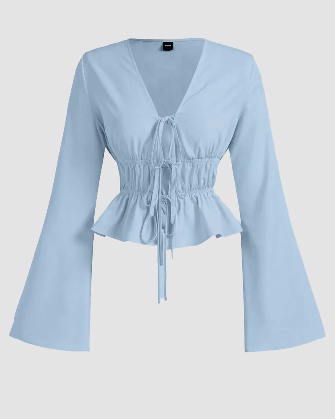 Tie Front Long Sleeve Ruffle Hem Top in Light Blue