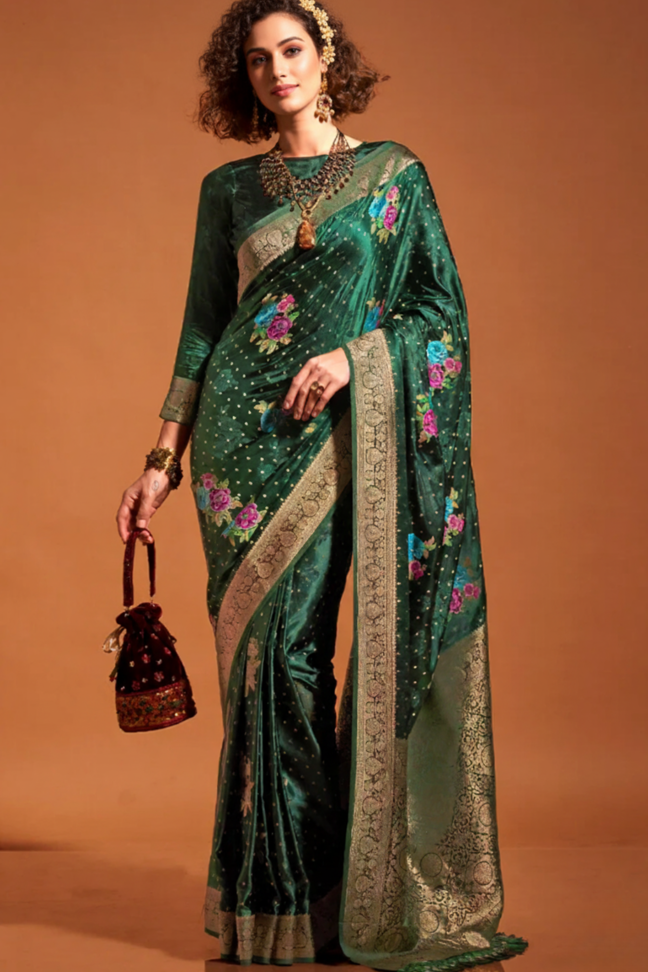 Mineral Green Handloom Woven Satin Silk Saree