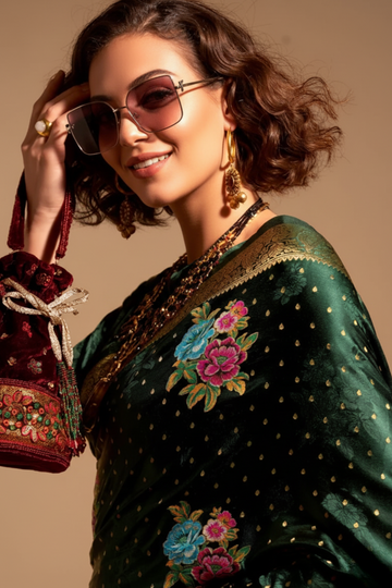 Mineral Green Handloom Woven Satin Silk Saree