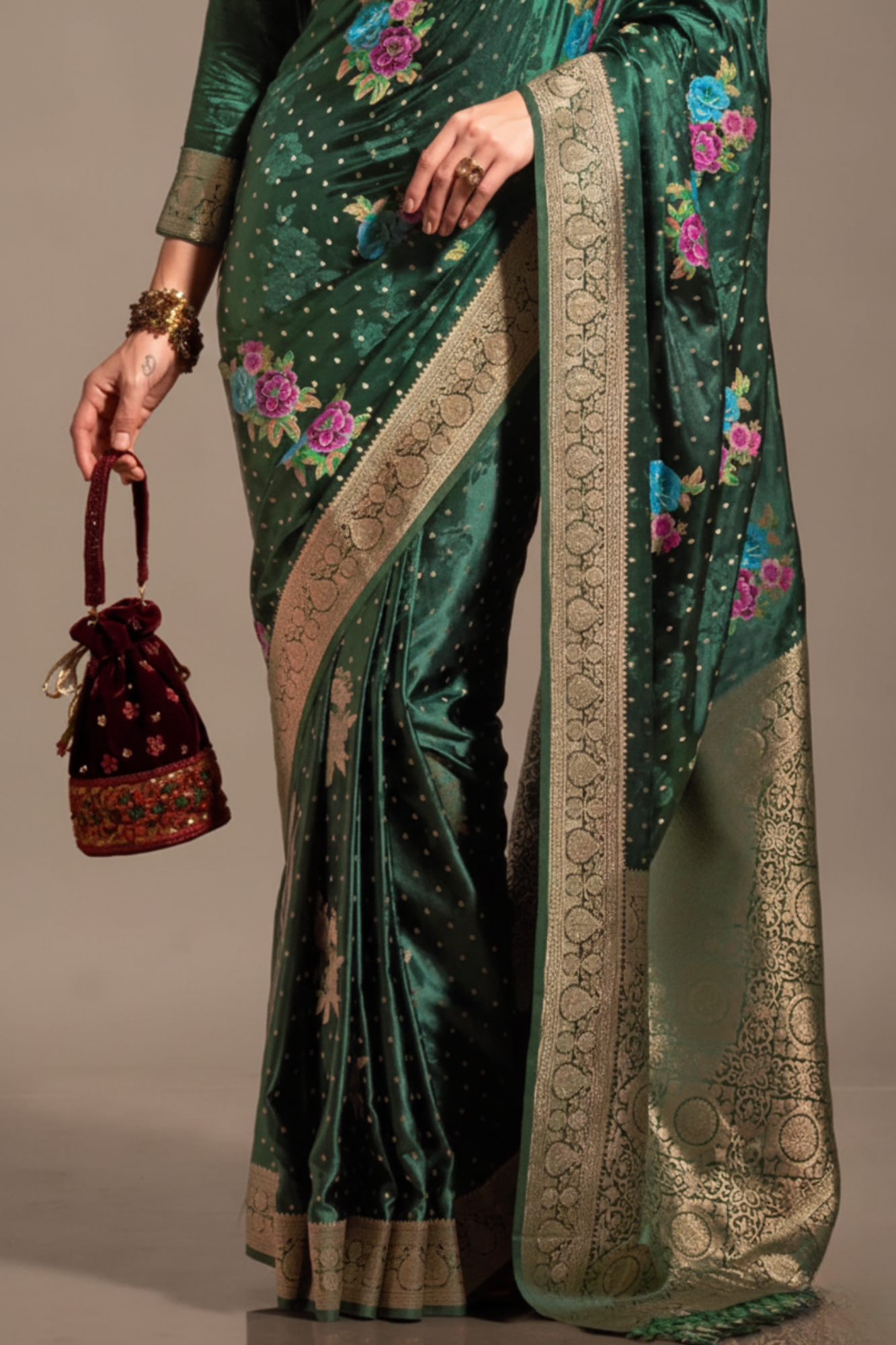 Mineral Green Handloom Woven Satin Silk Saree