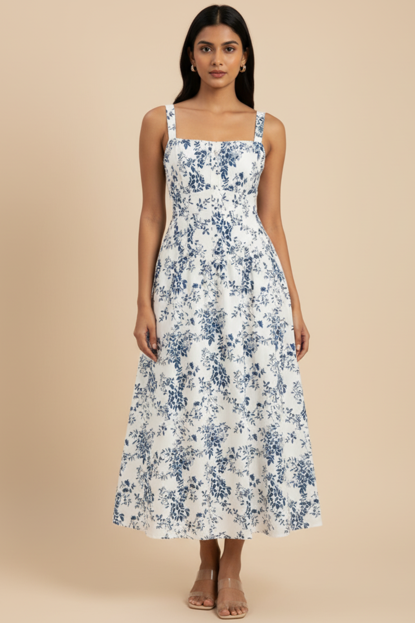 Square Neck Floral Corset Lace Up Midi Dress