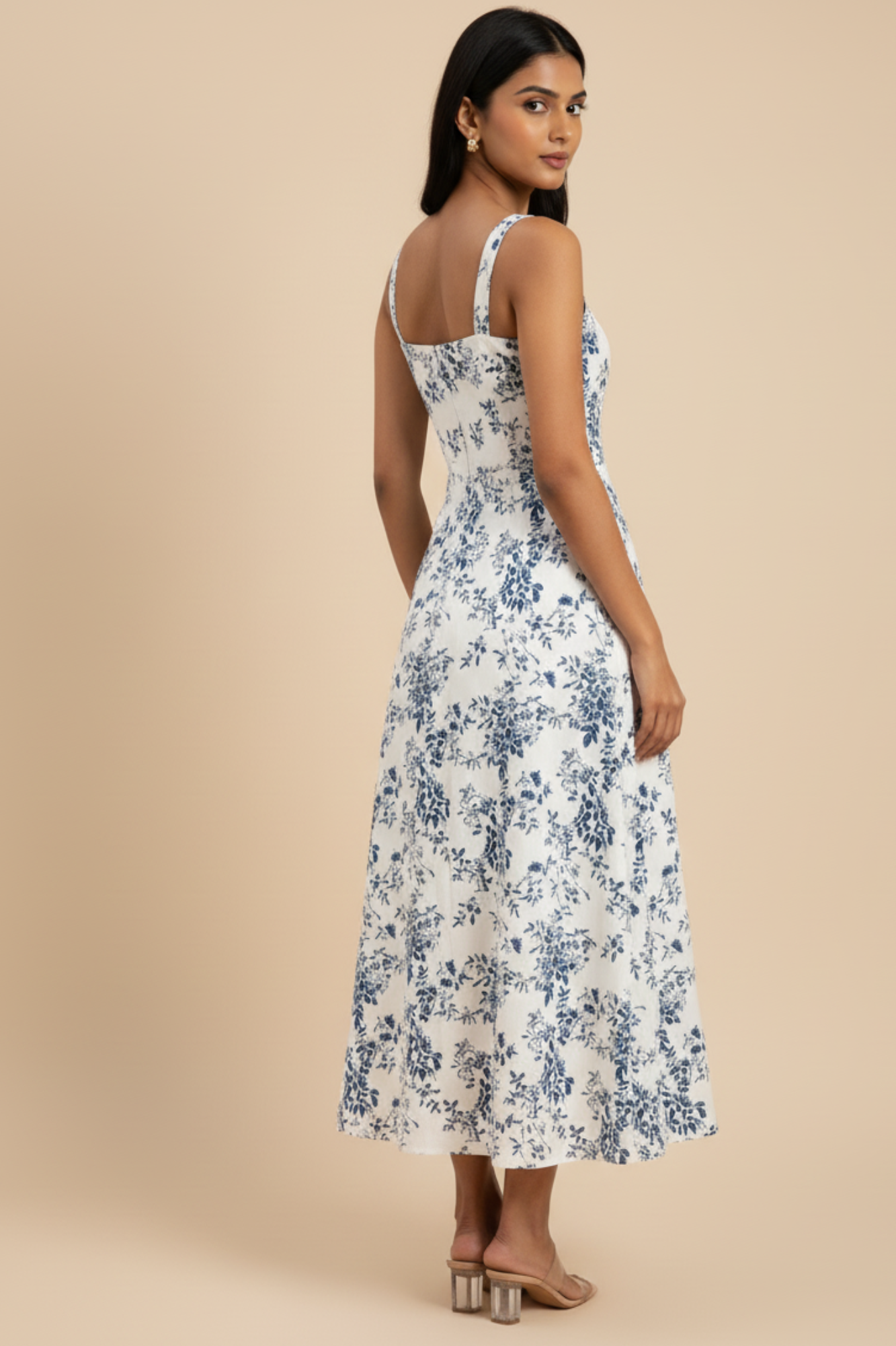 Square Neck Floral Corset Lace Up Midi Dress