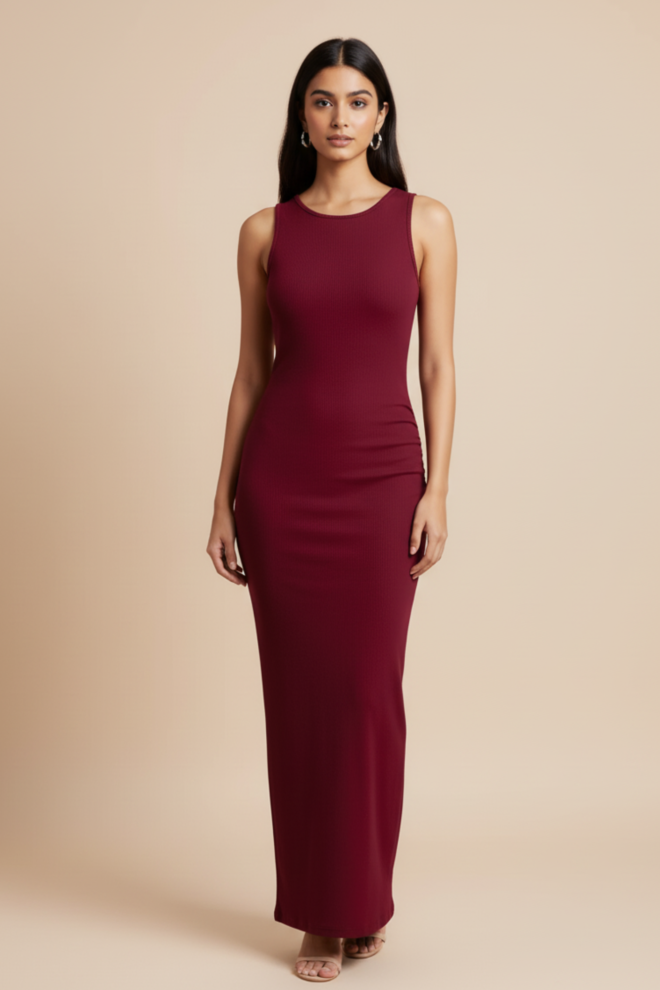 Solid Ruched Sleeveless Ribbed Knit Dress In Cherry Red