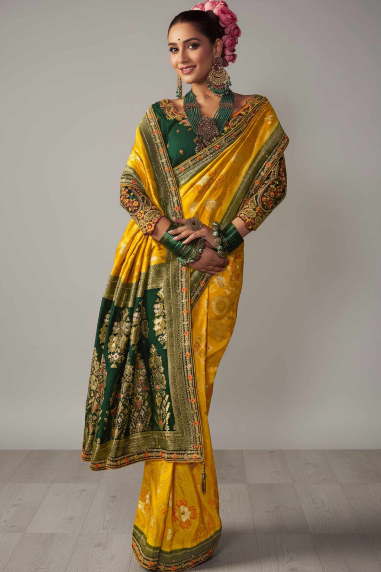 Lightning Yellow Pure Viscose Dola Silk Saree With Embroidery Blouse