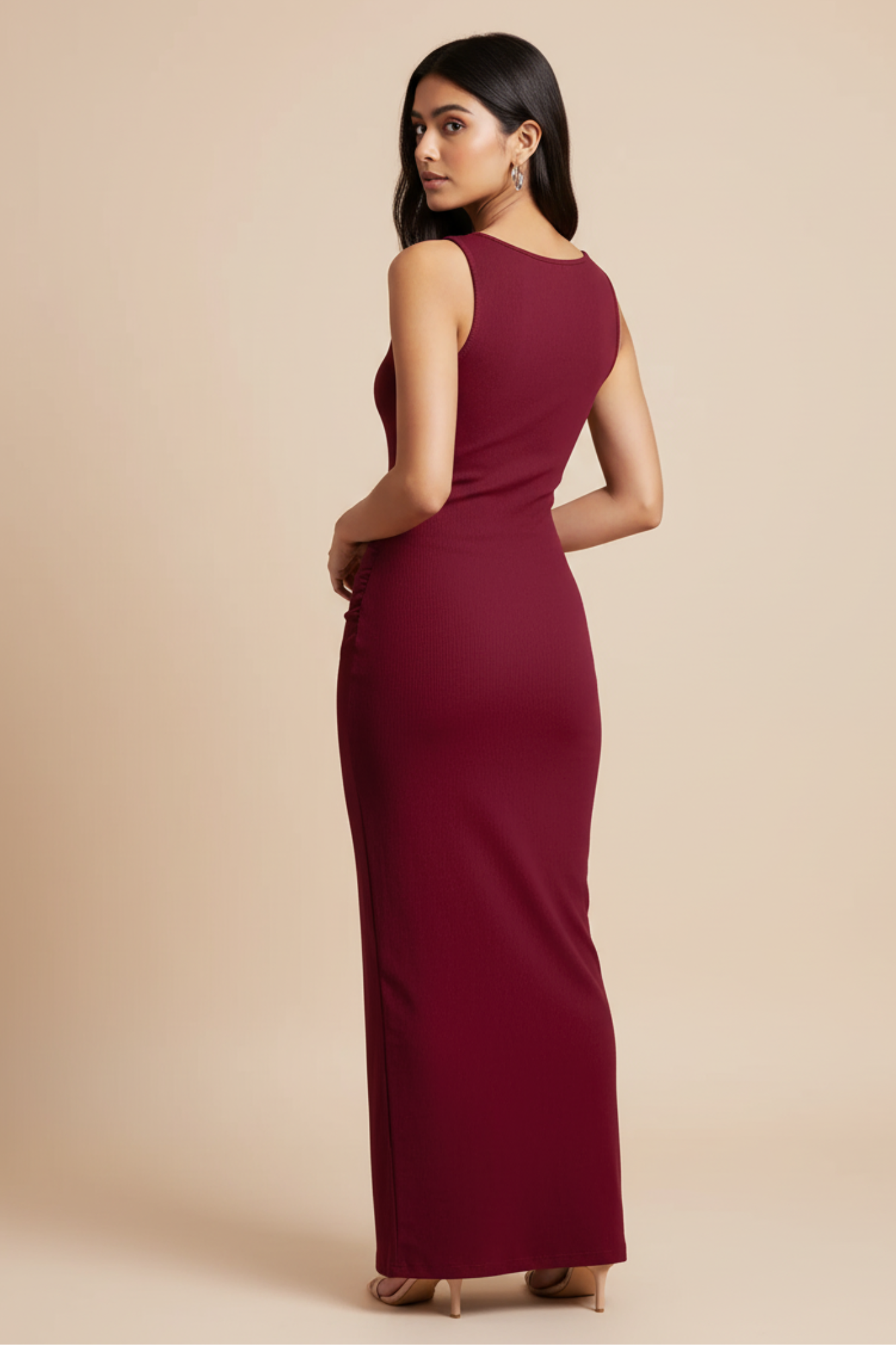 Solid Ruched Sleeveless Ribbed Knit Dress In Cherry Red