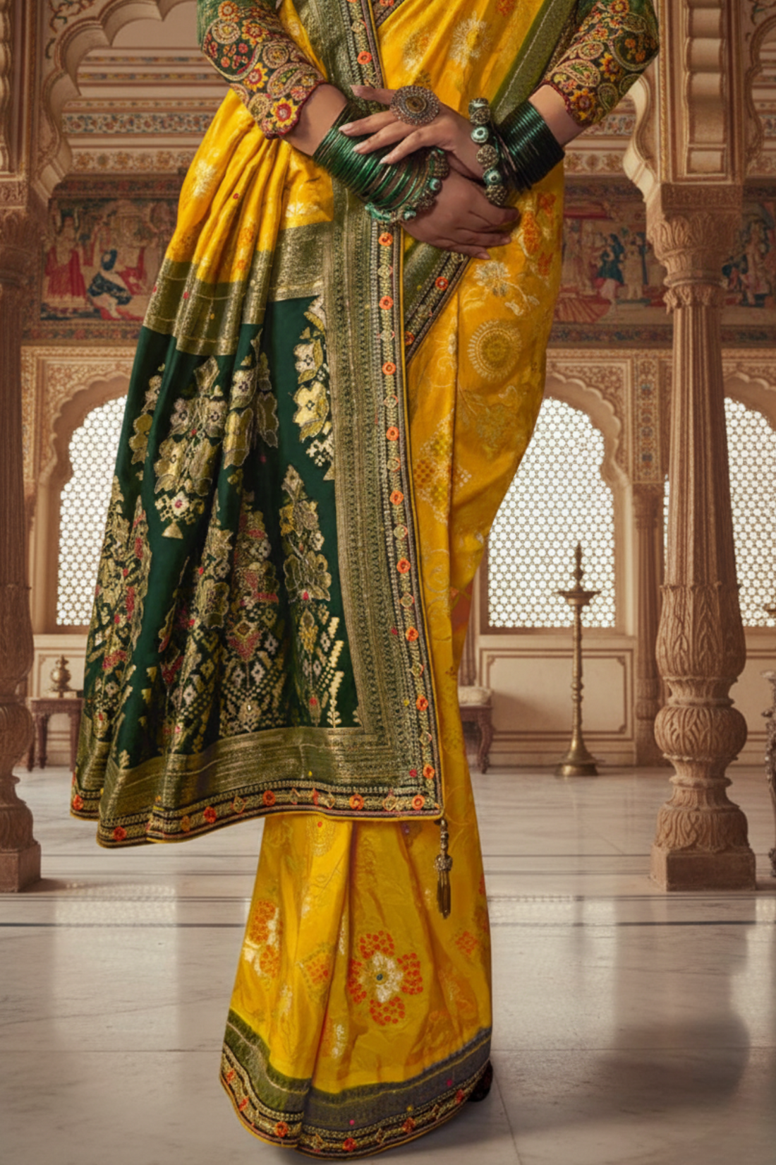 Lightning Yellow Pure Viscose Dola Silk Saree With Embroidery Blouse