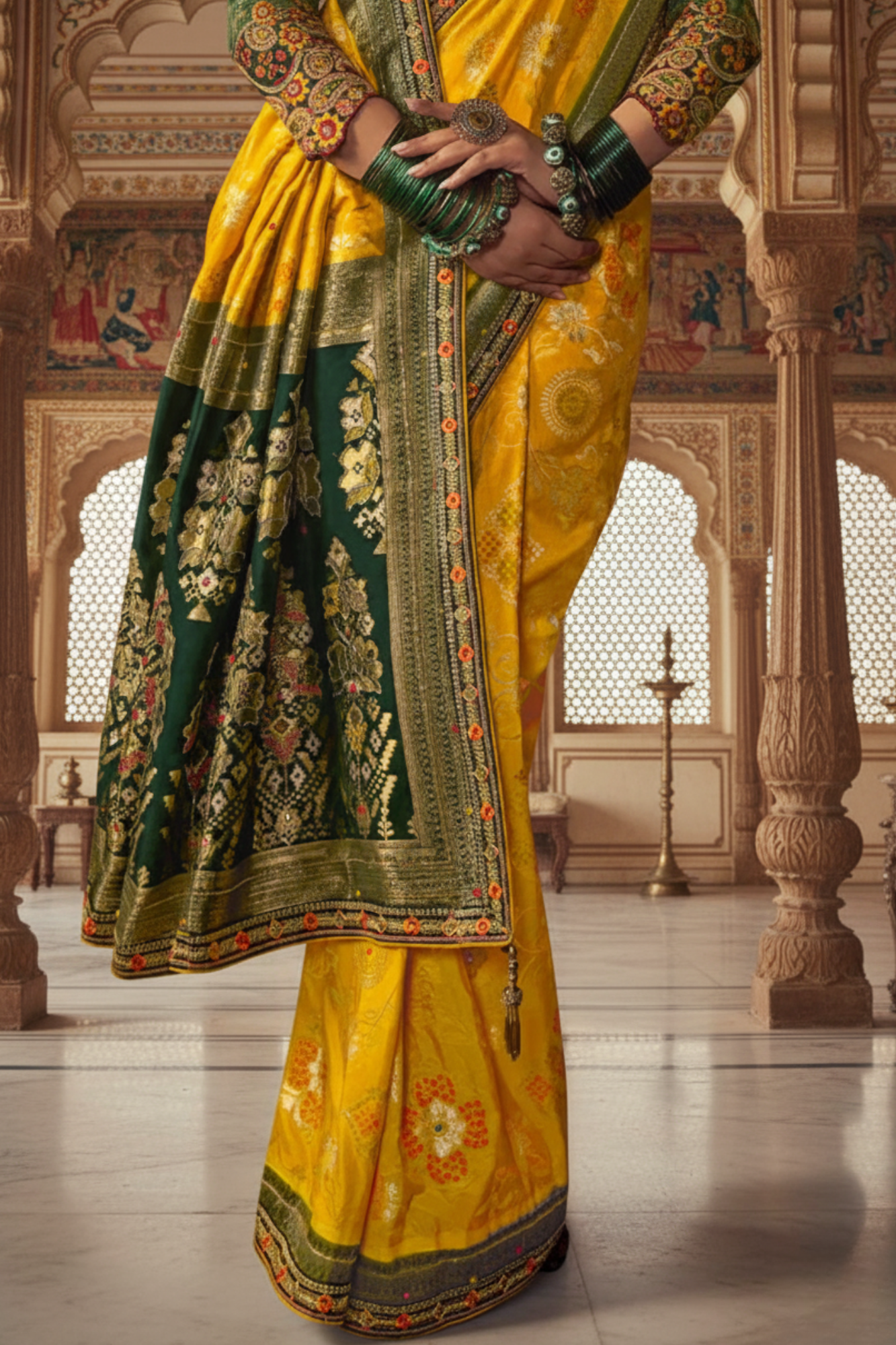 Lightning Yellow Pure Viscose Dola Silk Saree With Embroidery Blouse