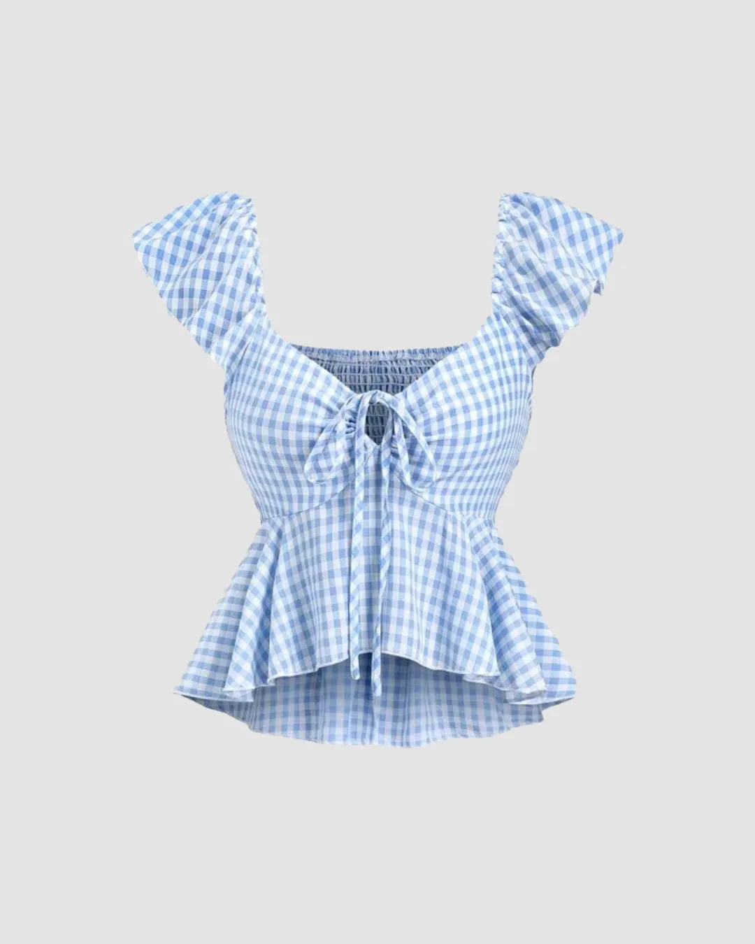 Blue Gingham Ruffle Sleeve Peplum Top with Front Tie