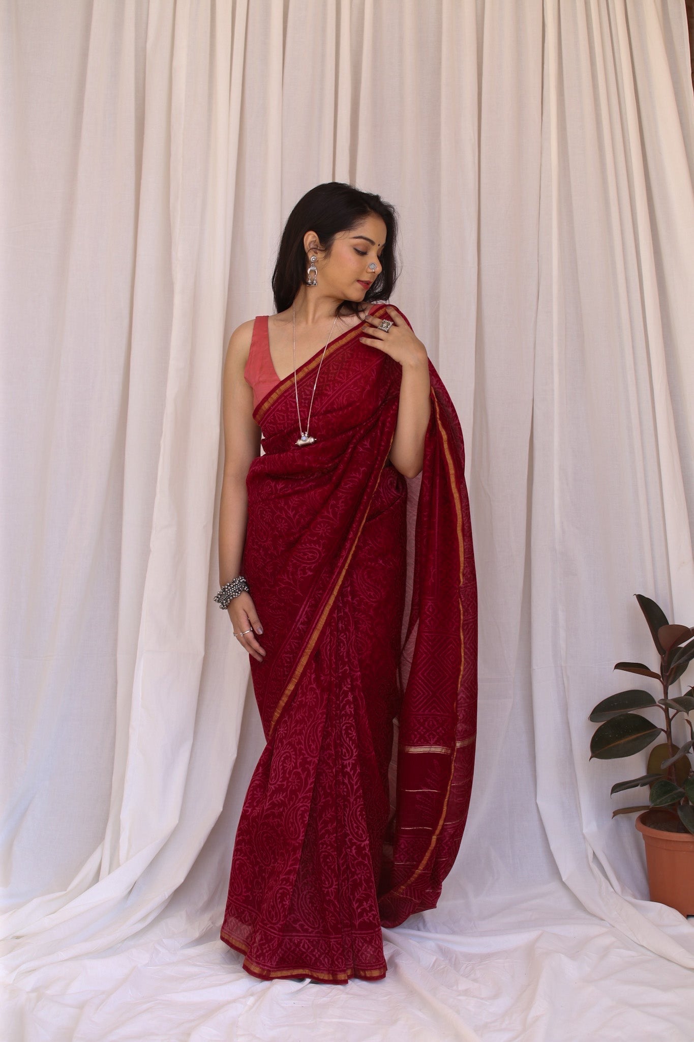 Gulaab : Deep Pink Discharge Handblock Chanderi Saree