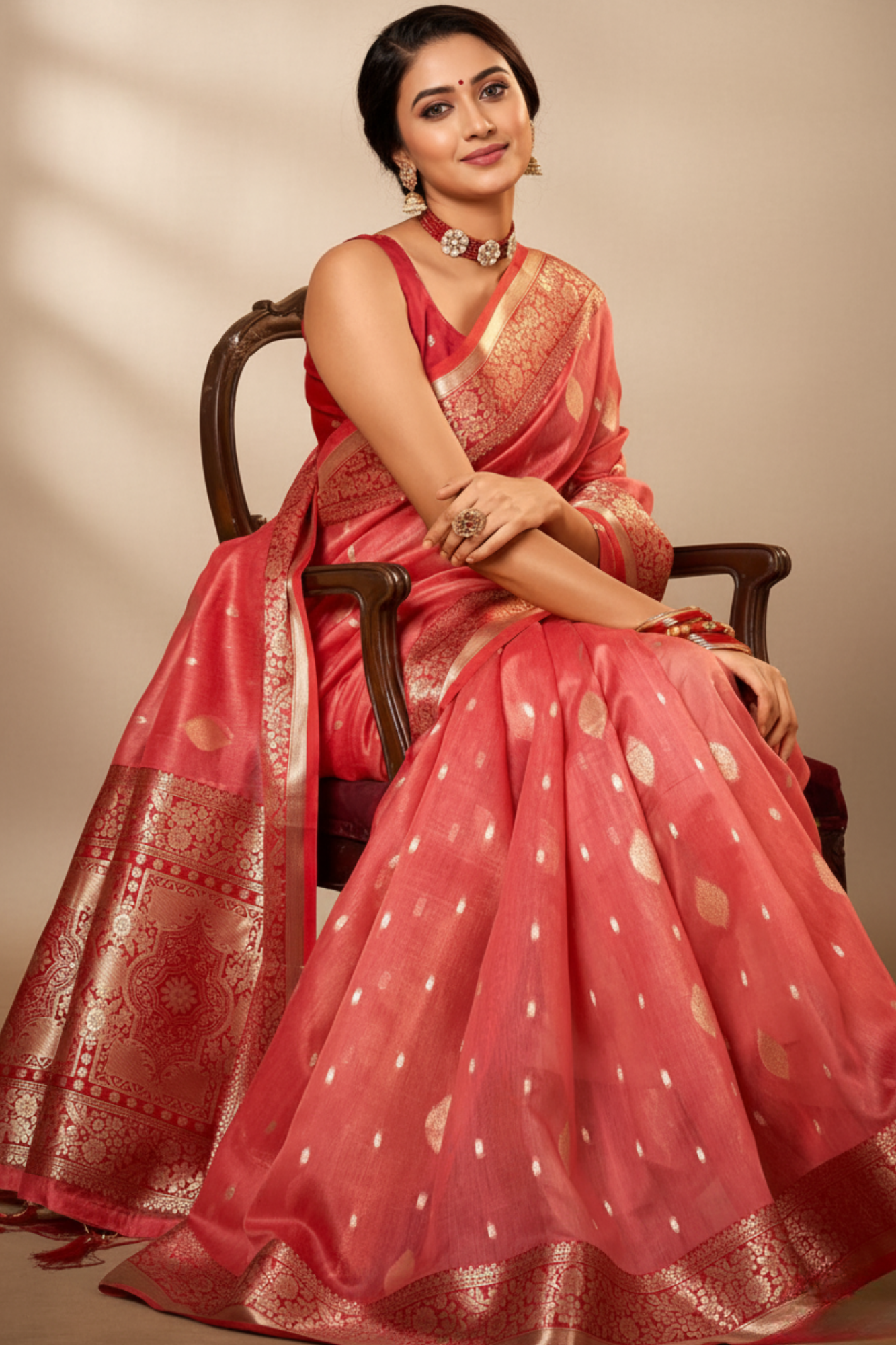 Pastel Red Banarasi Silk Saree