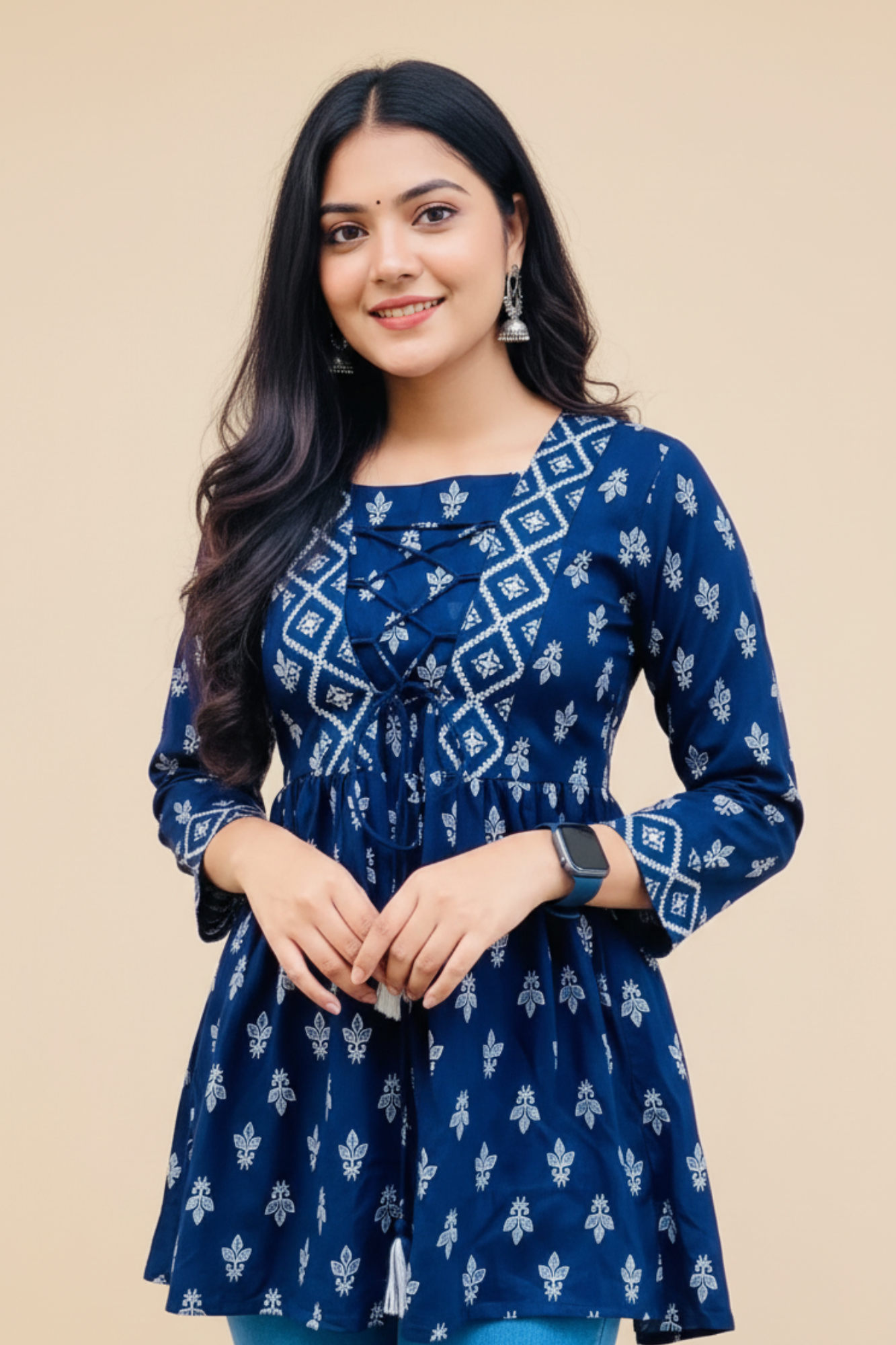 Blue Printed Rayon Short Top