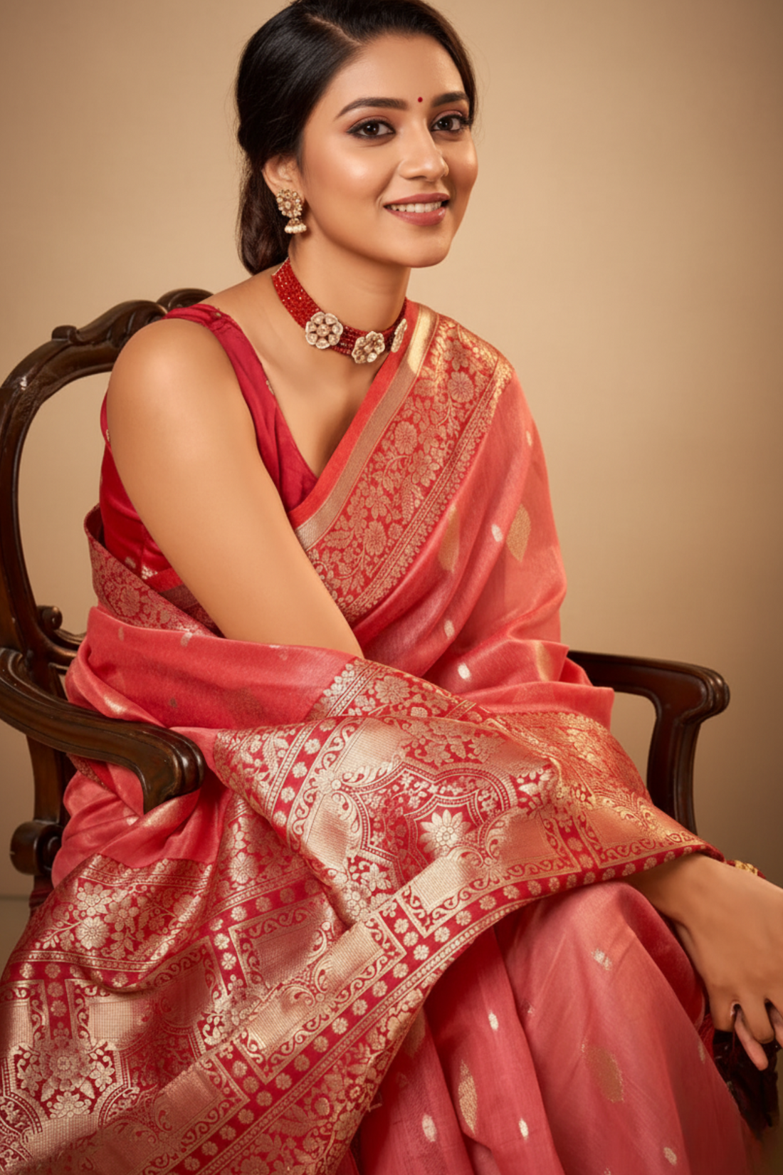 Pastel Red Banarasi Silk Saree