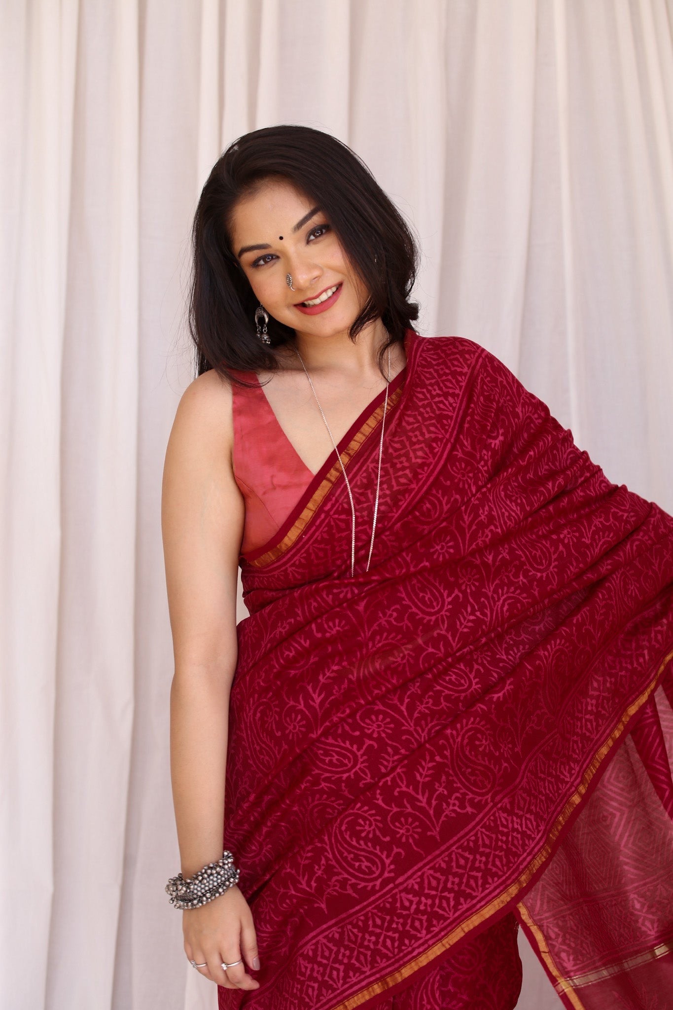Gulaab : Deep Pink Discharge Handblock Chanderi Saree