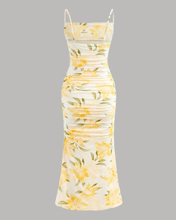 Floral Ruched Cami Bodycon Midi Dress