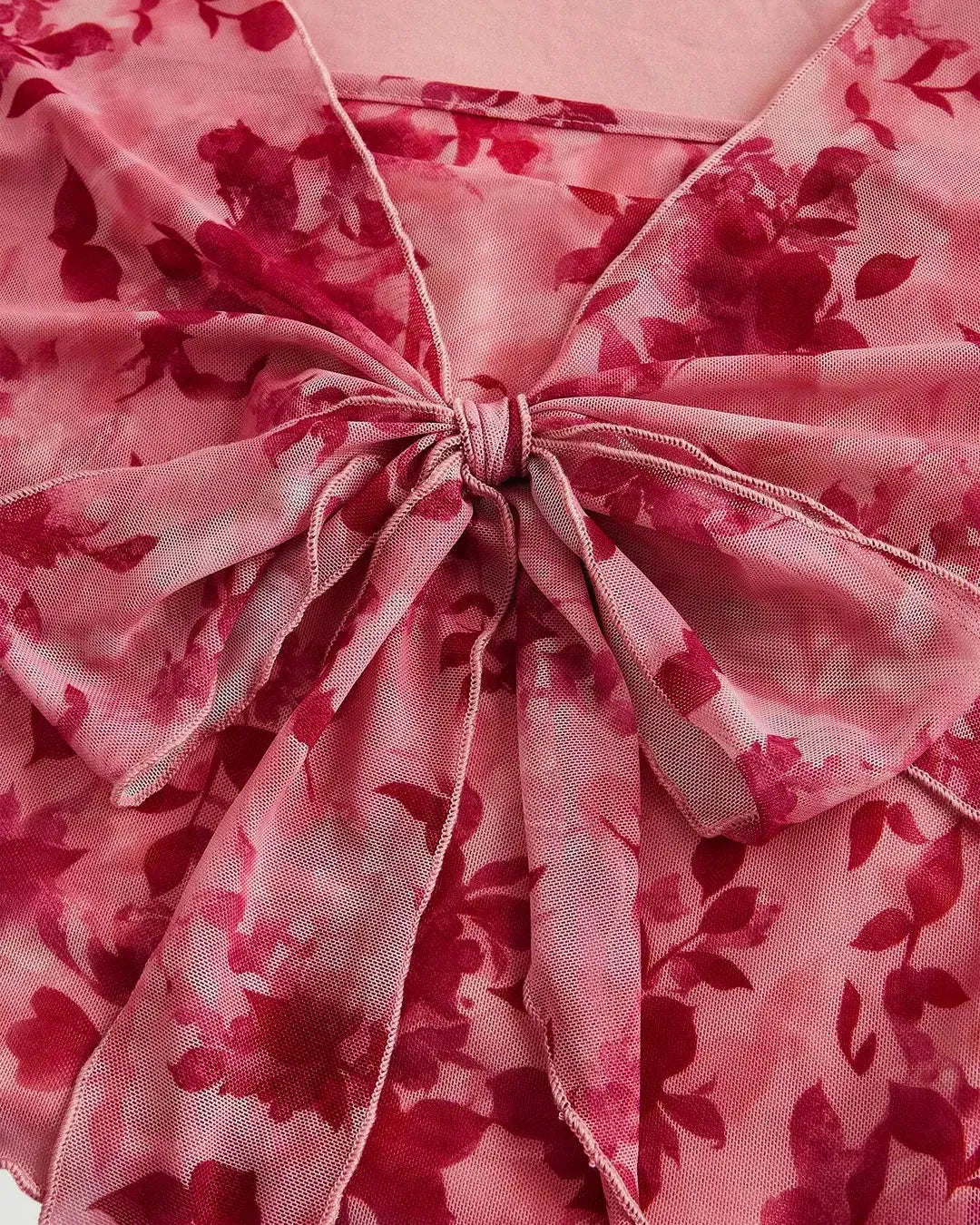 Floral Print Tie Front Bell Sleeve Mesh Crop Top