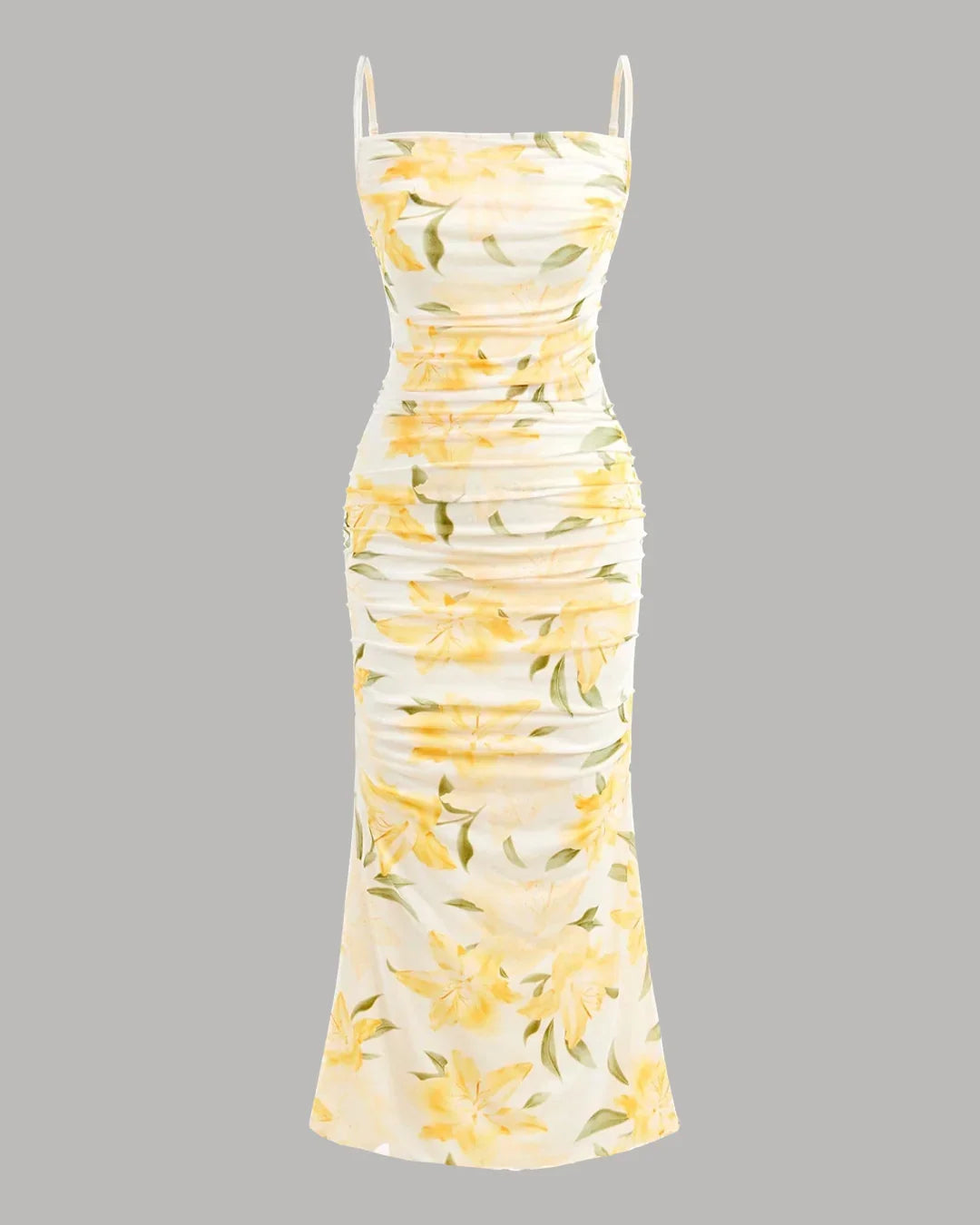 Floral Ruched Cami Bodycon Midi Dress