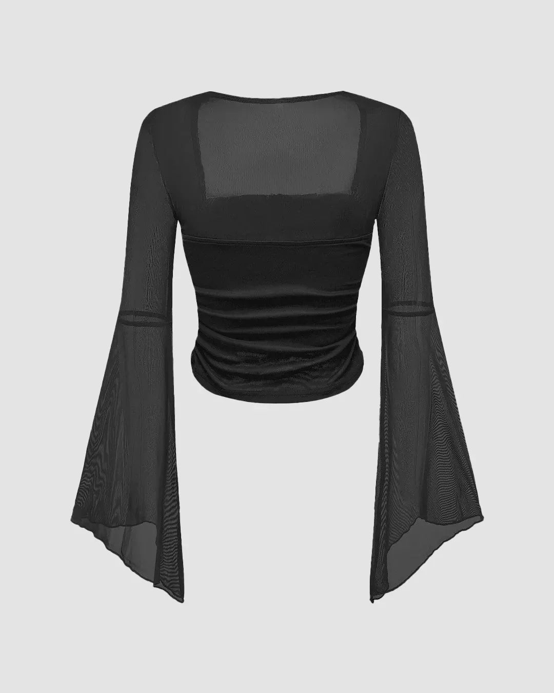 Square Neck Bow Decorated Long Sleeve Black Top