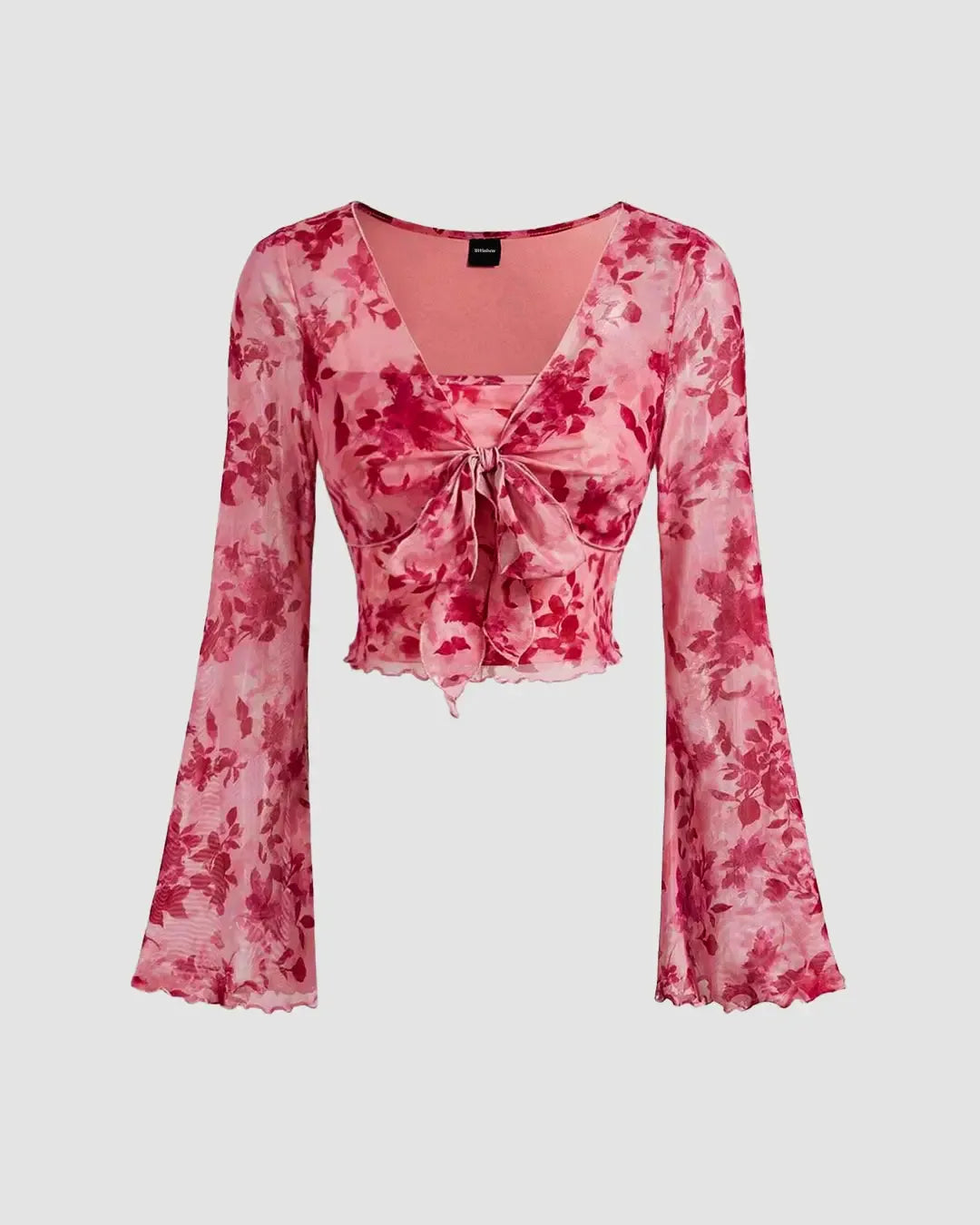 Floral Print Tie Front Bell Sleeve Mesh Crop Top