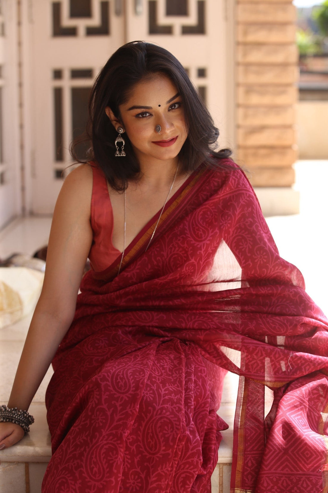 Gulaab : Deep Pink Discharge Handblock Chanderi Saree