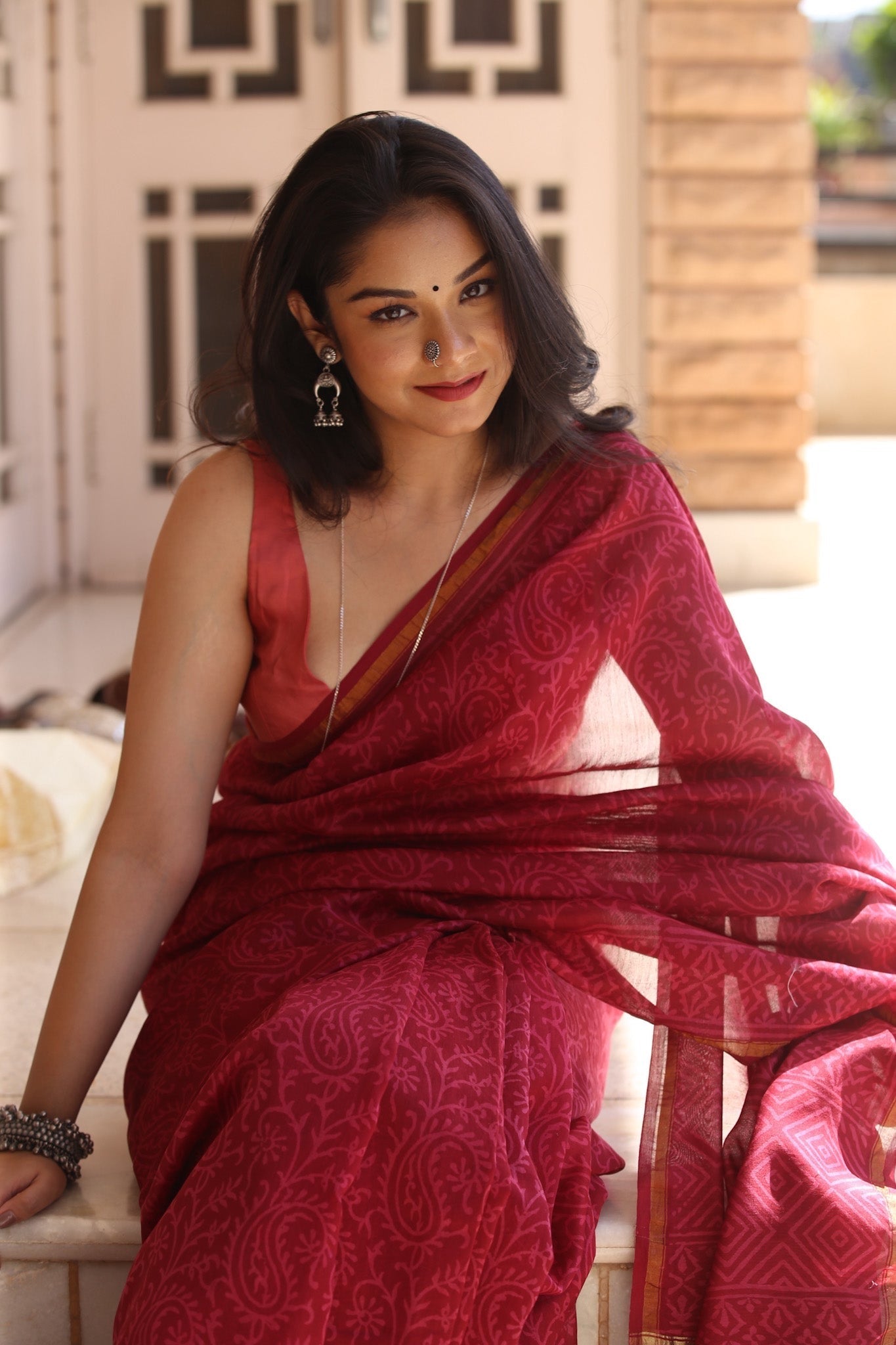 Gulaab : Deep Pink Discharge Handblock Chanderi Saree