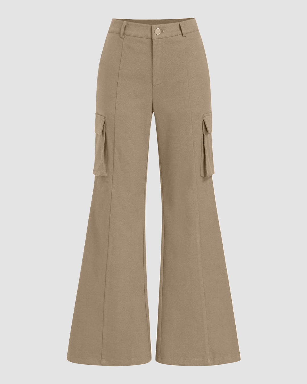 High-Waist Flared Women Cargo Trousers with Side Pockets in Latte