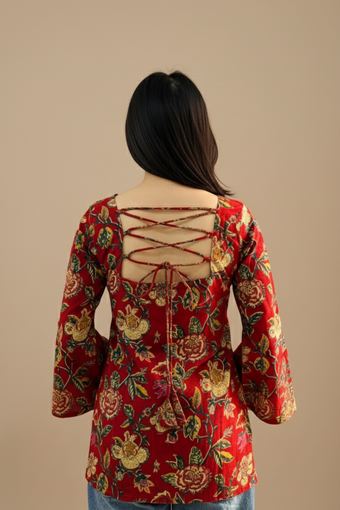 Cotton Bell Sleeves Back Crisscross design Short Kurti