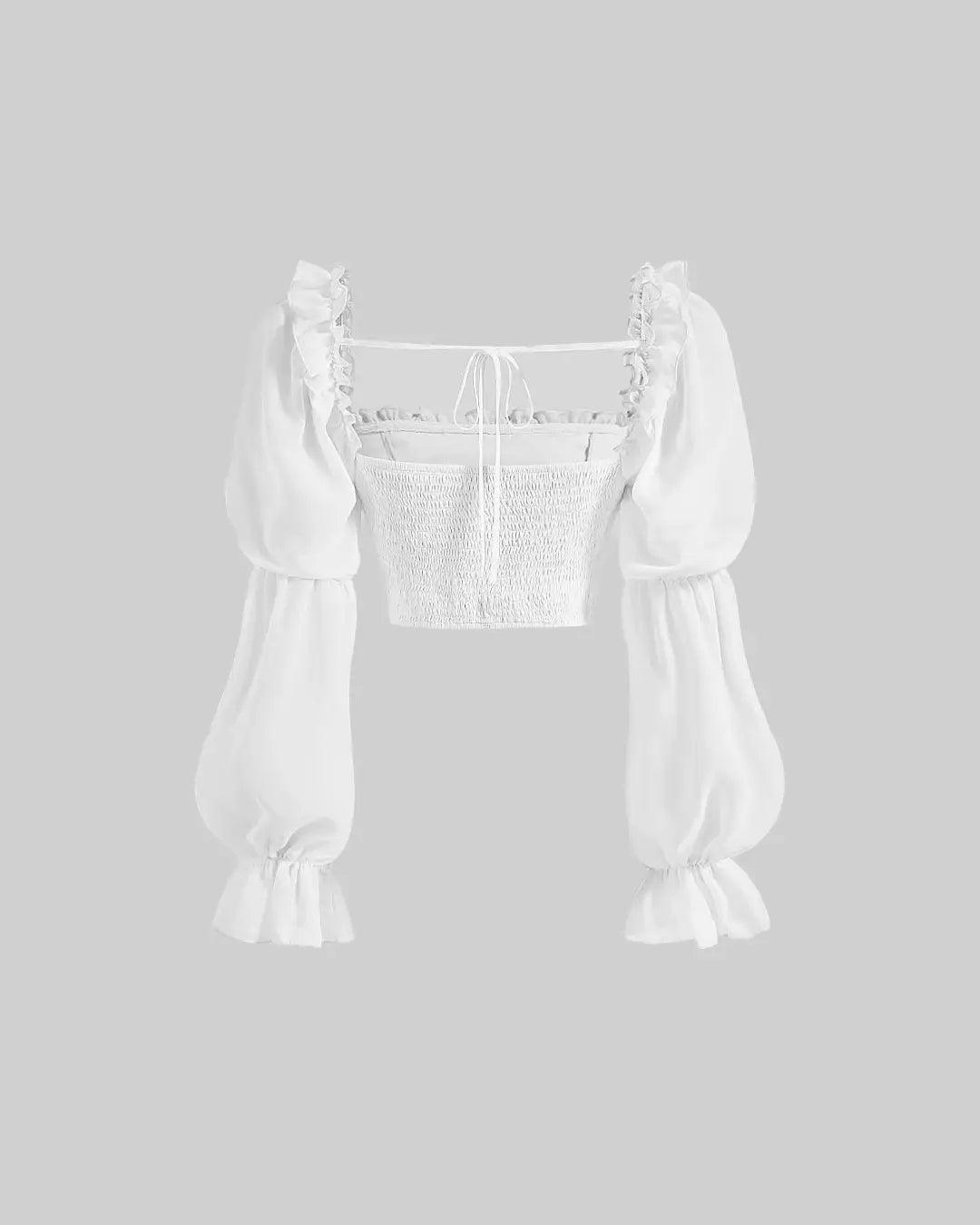 Square Neck Ruffle Trim Long Sleeve Top In White