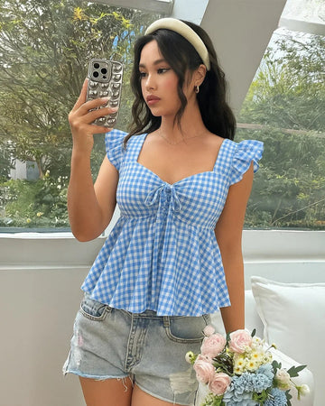 Blue Gingham Ruffle Sleeve Peplum Top with Front Tie