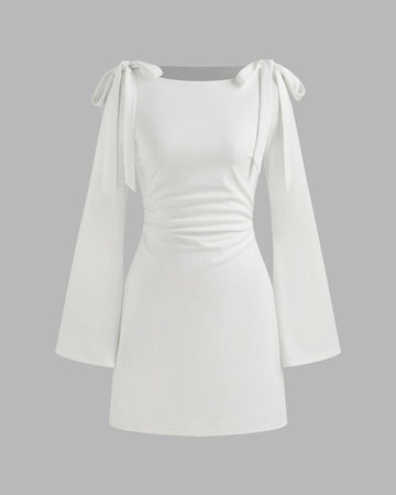 White Boat Neck Ruched Bowknot Sleeve Mini Dress