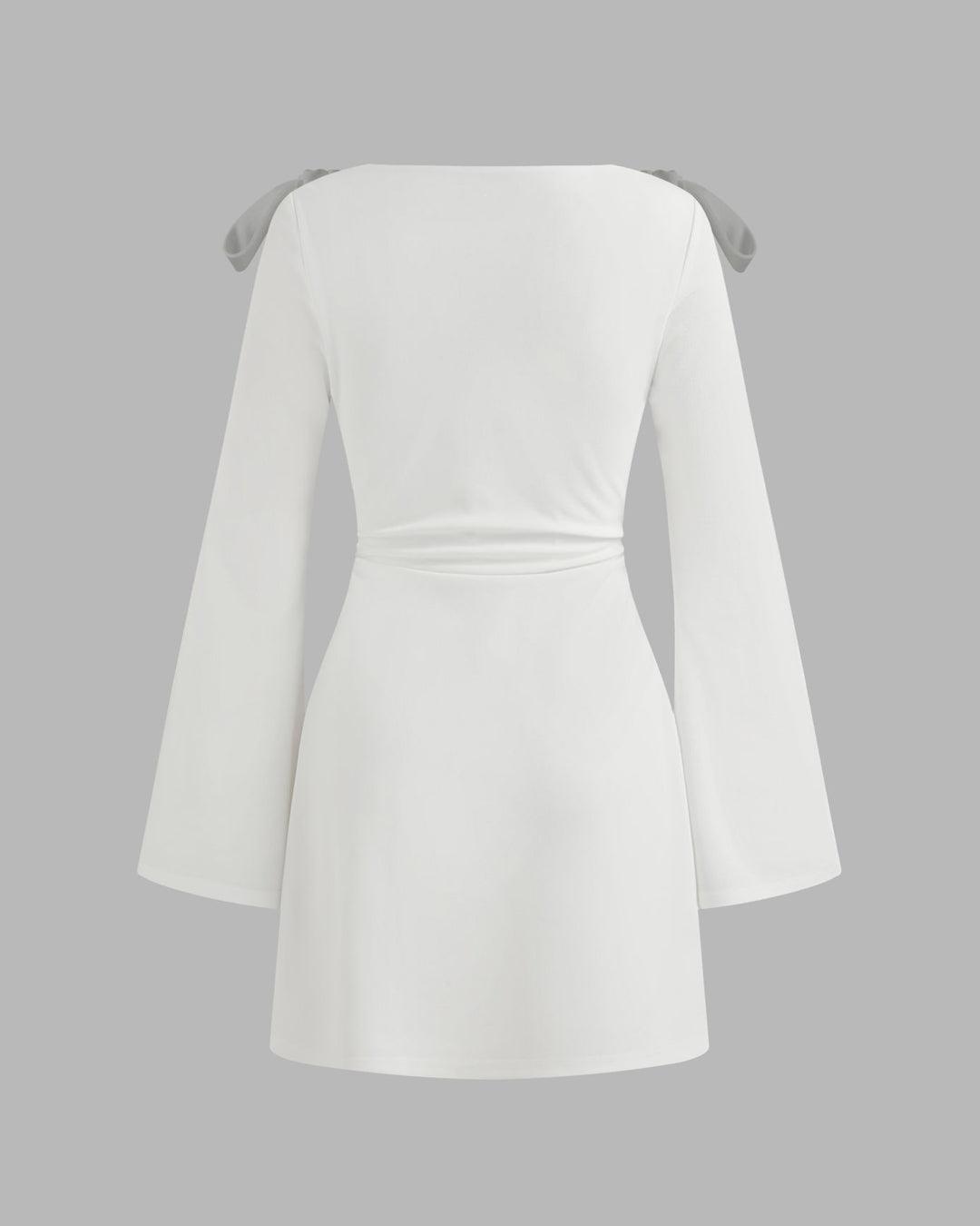 White Boat Neck Ruched Bowknot Sleeve Mini Dress