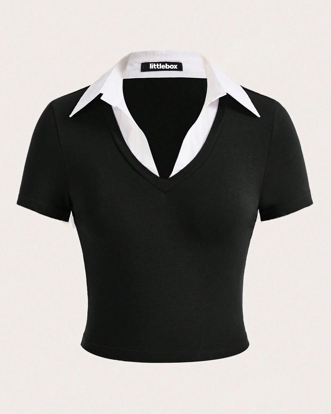 Color Block Knitted Tight-fitting T-shirt With Contrast Collar