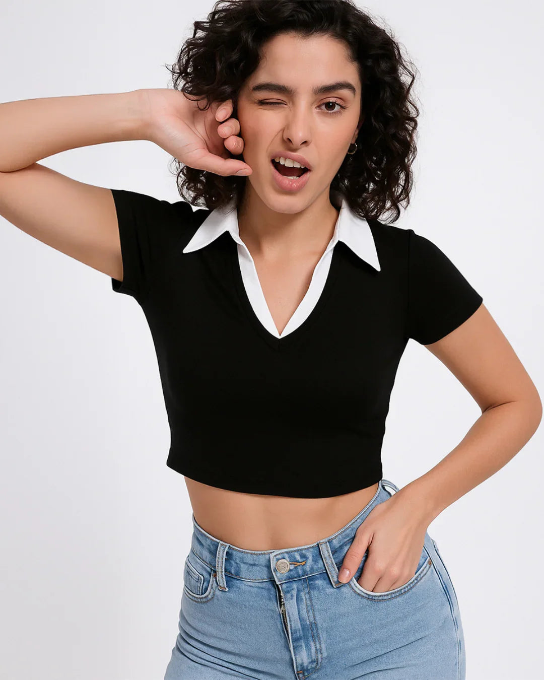 Color Block Knitted Tight-fitting T-shirt With Contrast Collar