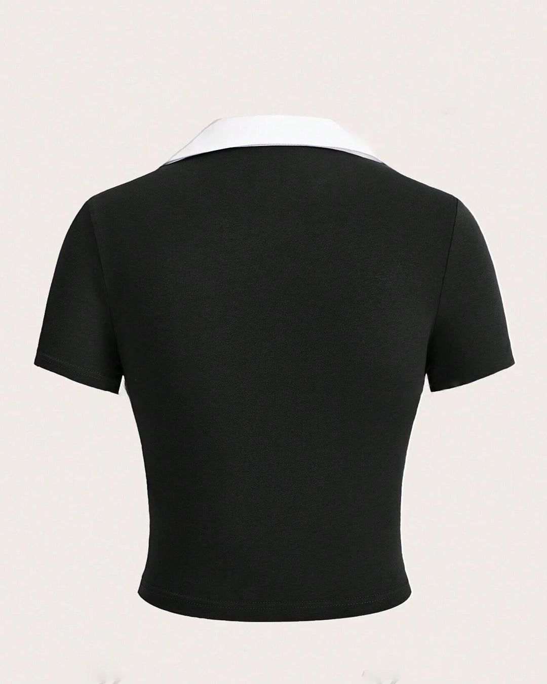 Color Block Knitted Tight-fitting T-shirt With Contrast Collar
