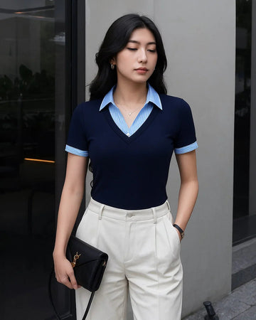 Contrast Collar V-Neck Knit Fitted Top in Navy Blue