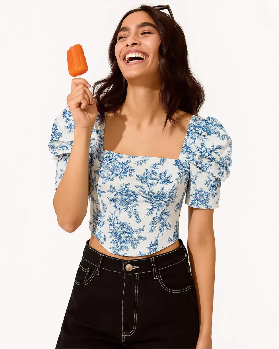 Corset Style Puff Sleeve Floral Top