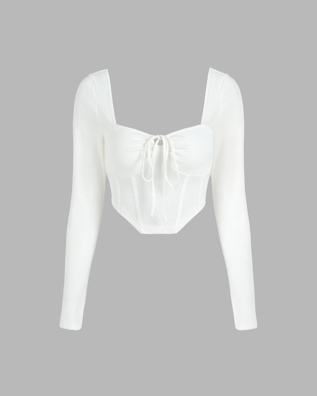 Corset Style Tie Around White Ribbed Full Sleeve Top