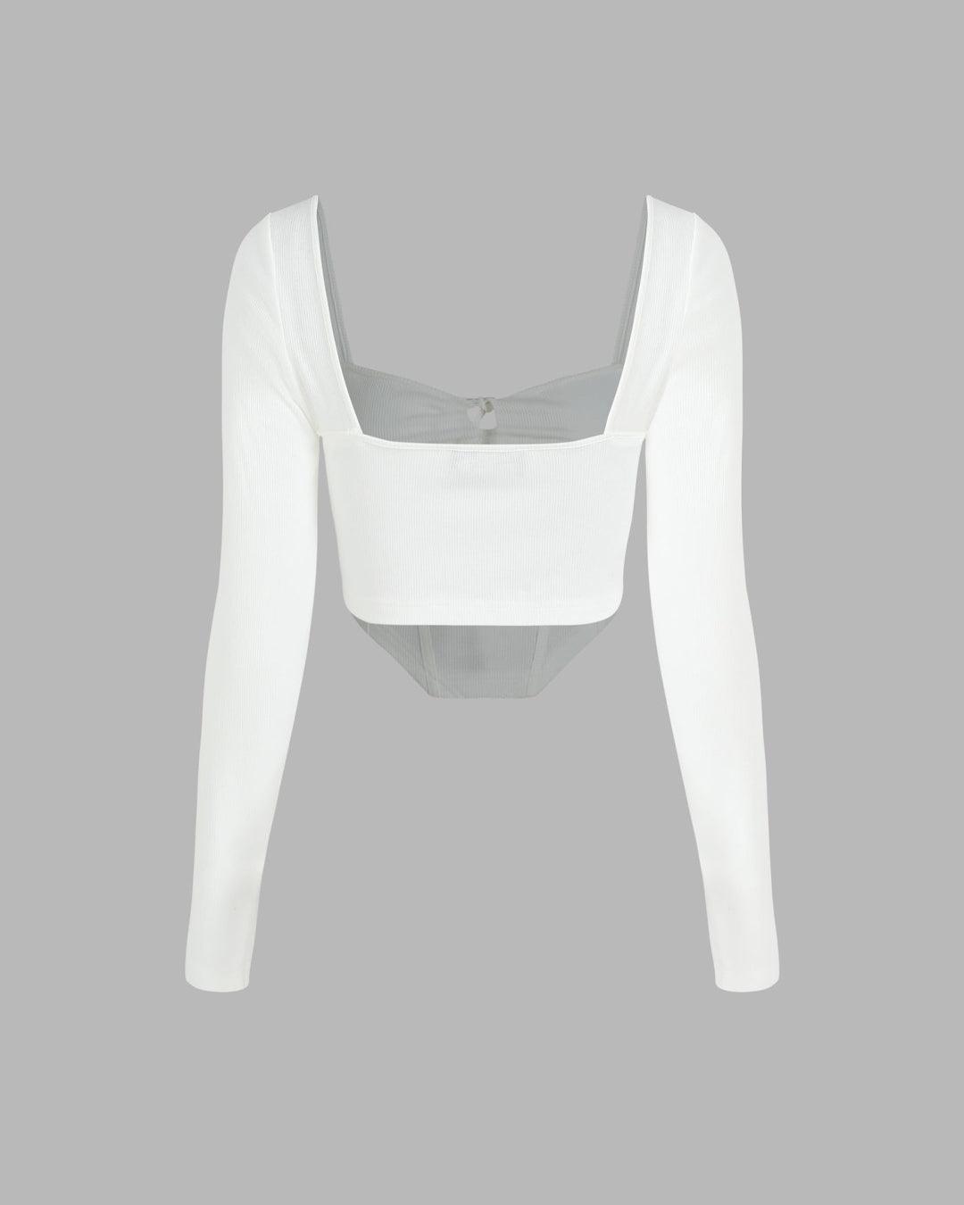 Corset Style Tie Around White Ribbed Full Sleeve Top