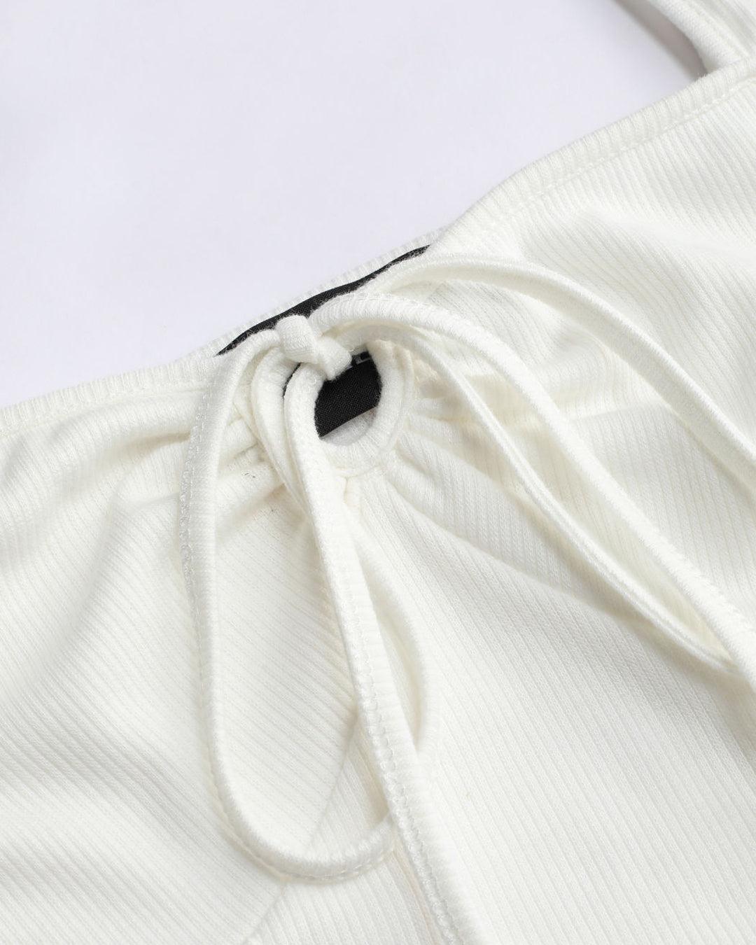 Corset Style Tie Around White Ribbed Full Sleeve Top