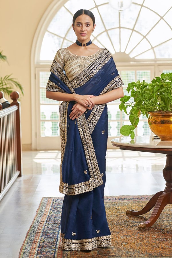 Trendy Blue Colour Designer Organza Saree