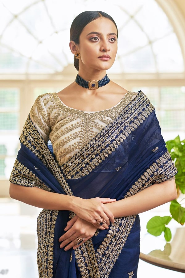 Trendy Blue Colour Designer Organza Saree