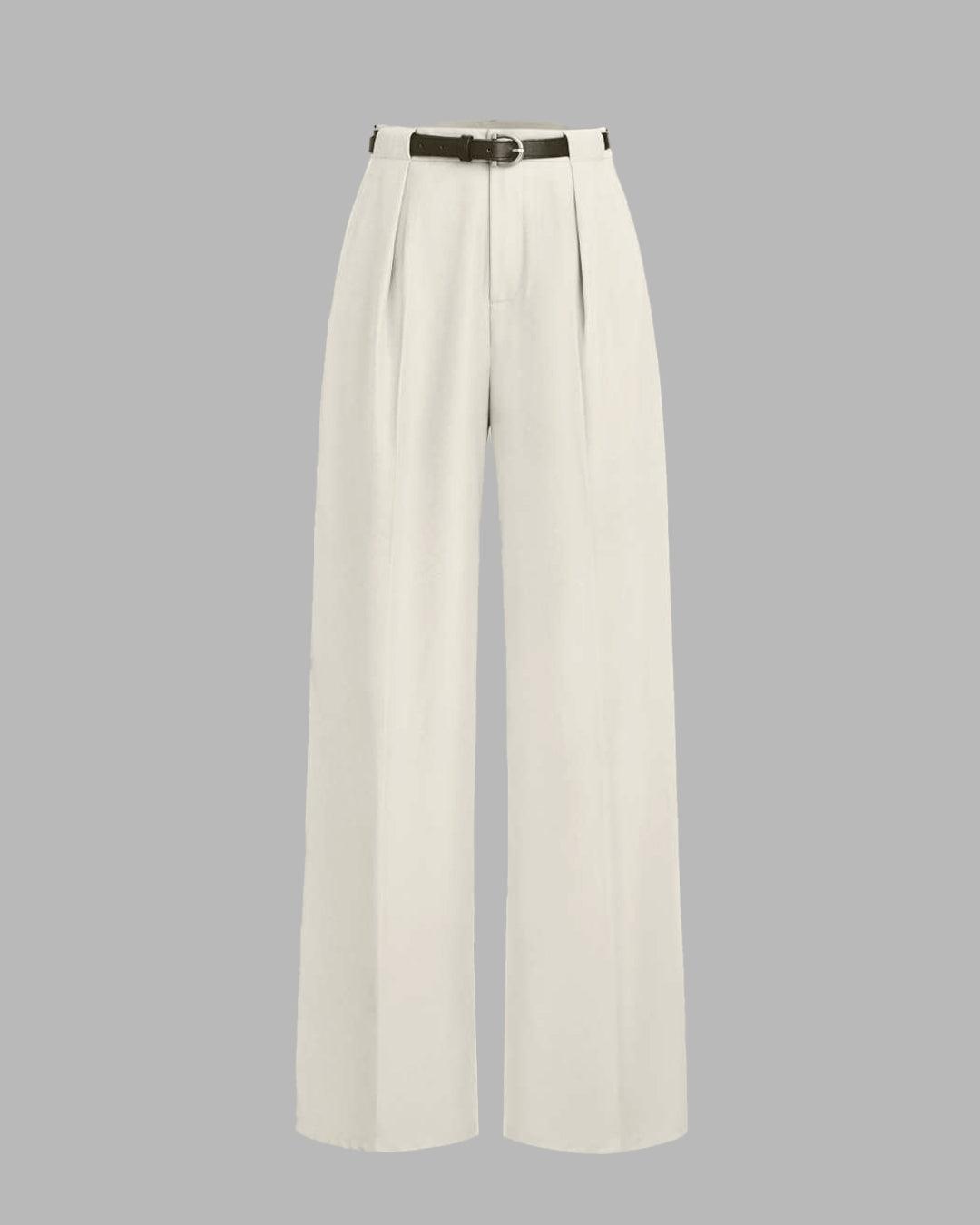 Pleated High Waisted Wide Leg Trousers in Off-White