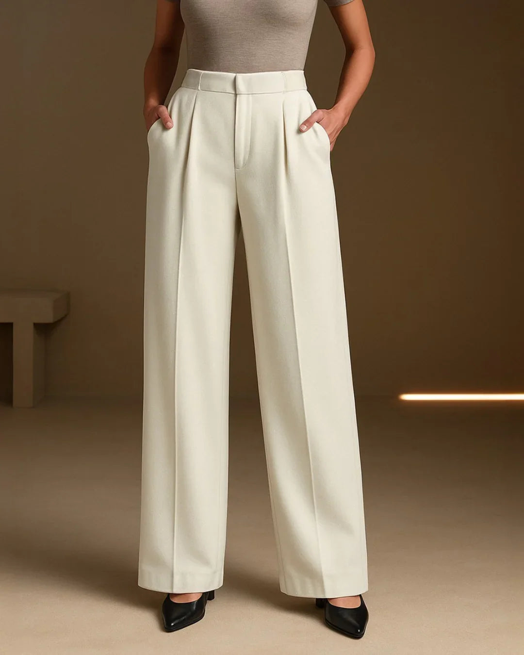 Pleated High Waisted Wide Leg Trousers in Off-White