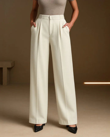 Pleated High Waisted Wide Leg Trousers in Off-White