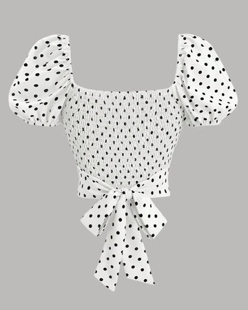 Polka Dot Puff Sleeve Wrap Ruffle Top