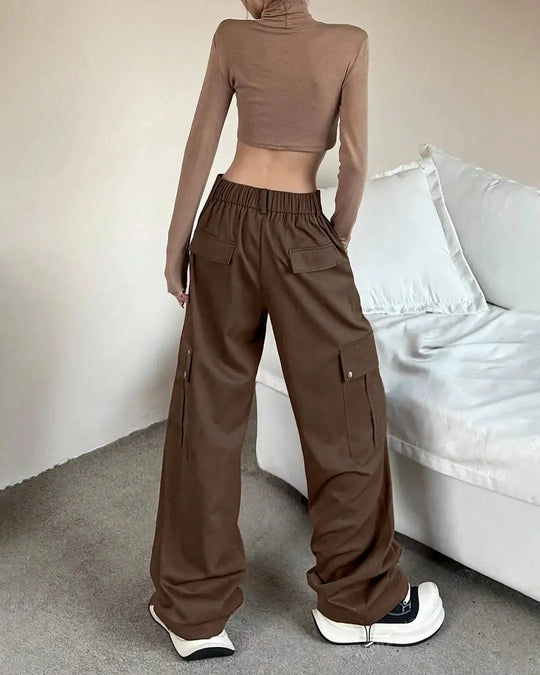 High-Waist Flared Women Cargo Trousers with Side Pockets in Latte