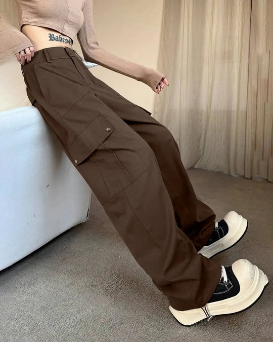 High-Waist Flared Women Cargo Trousers with Side Pockets in Latte