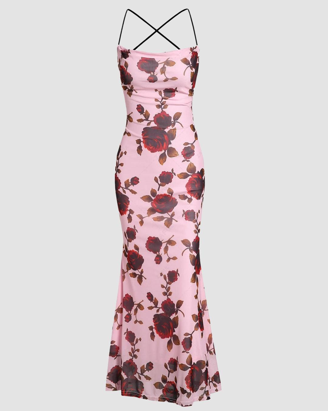 Rose Floral Cowl Neck Criss Cross Backless Sheath Party Dress